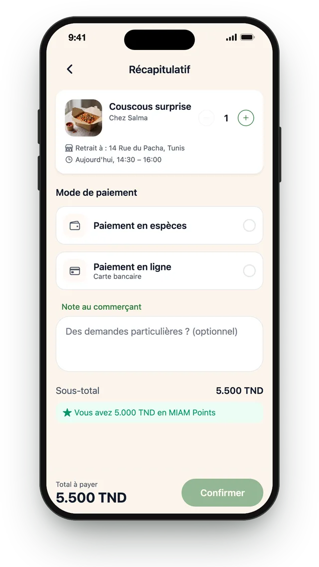 Récapitulatif de réservation avec paiement en espèces ou par carte bancaire
