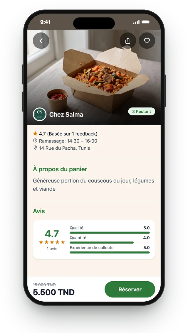 Fiche d’un panier dans l’app GetMiam : photo, prix, heure de retrait et avis