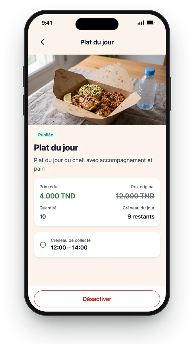 Offre « Plat du jour » avec prix réduit et créneau de collecte