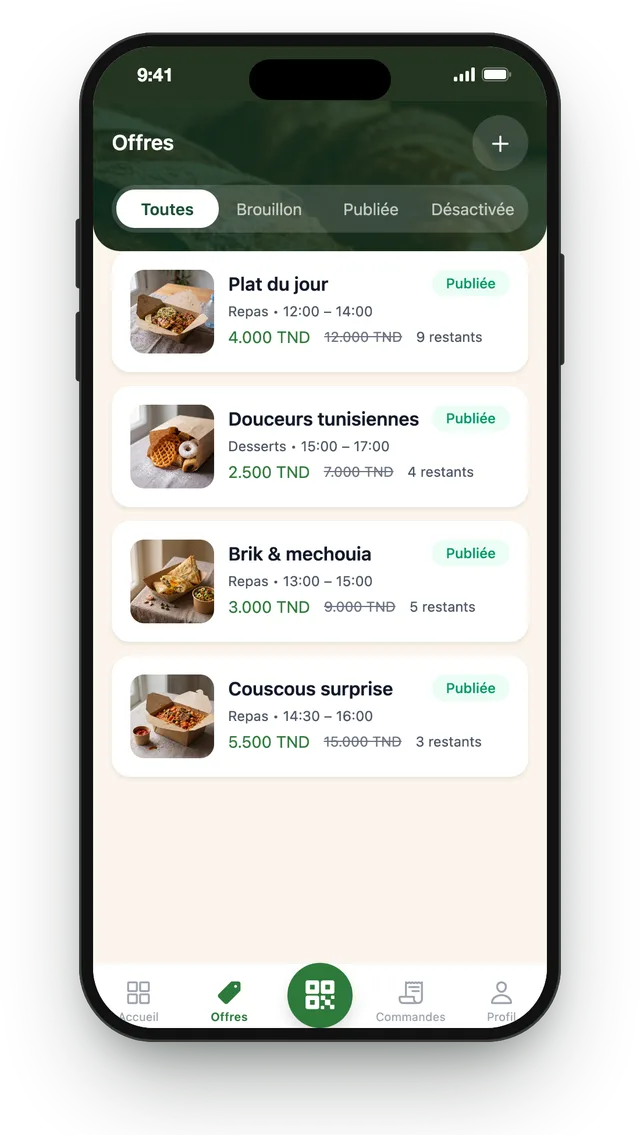 Vos offres du jour dans l’app GetMiam Merchants : publiées, en brouillon, désactivées