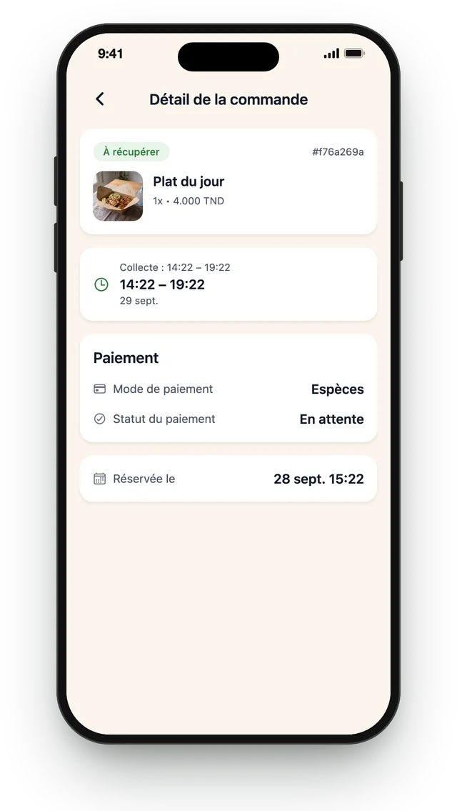 Détail d’une commande avec paiement et créneau